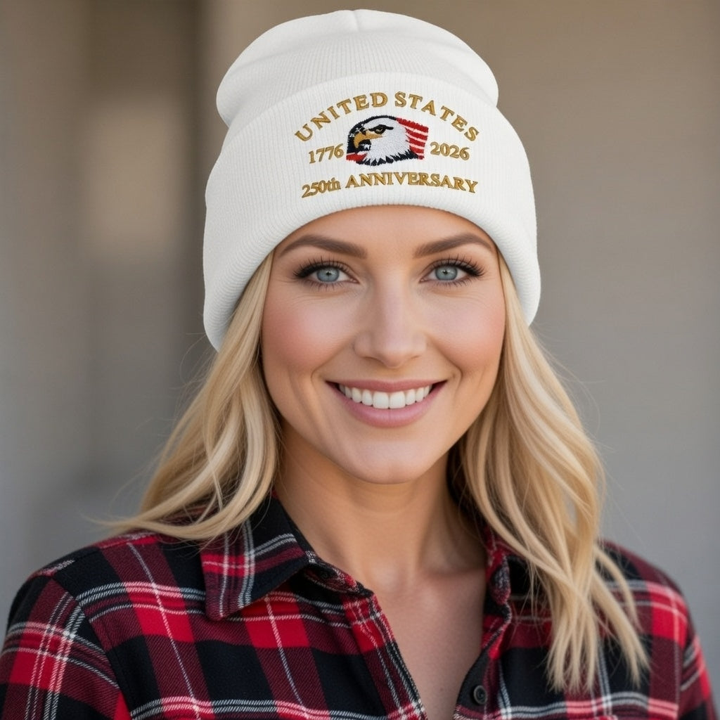 USA 250th Anniversary Beanie - 1776-2026 Patriotic Eagle Embroidered Knit Hat - America Semiquincentennial Cuffed Beanie White