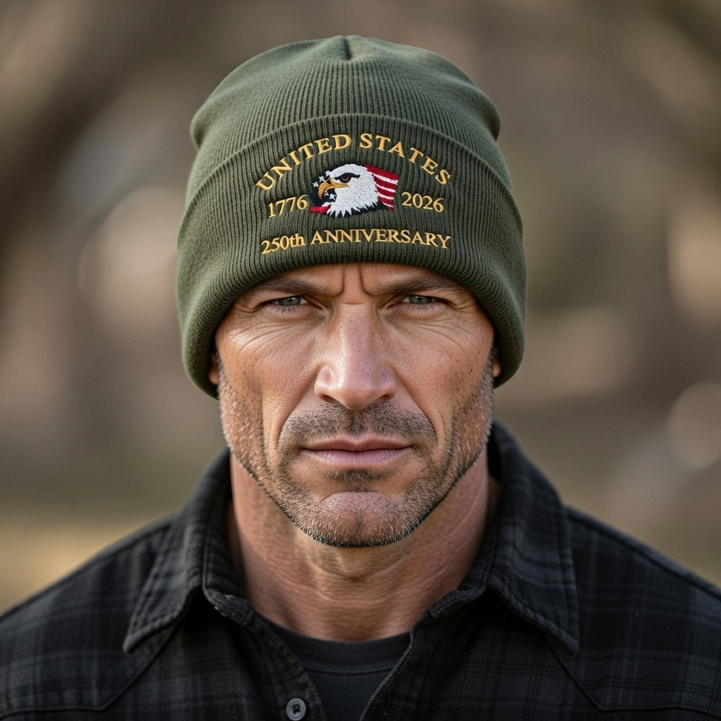 USA 250th Anniversary Beanie - 1776-2026 Patriotic Eagle Embroidered Knit Hat - America Semiquincentennial Cuffed Beanie Army Green