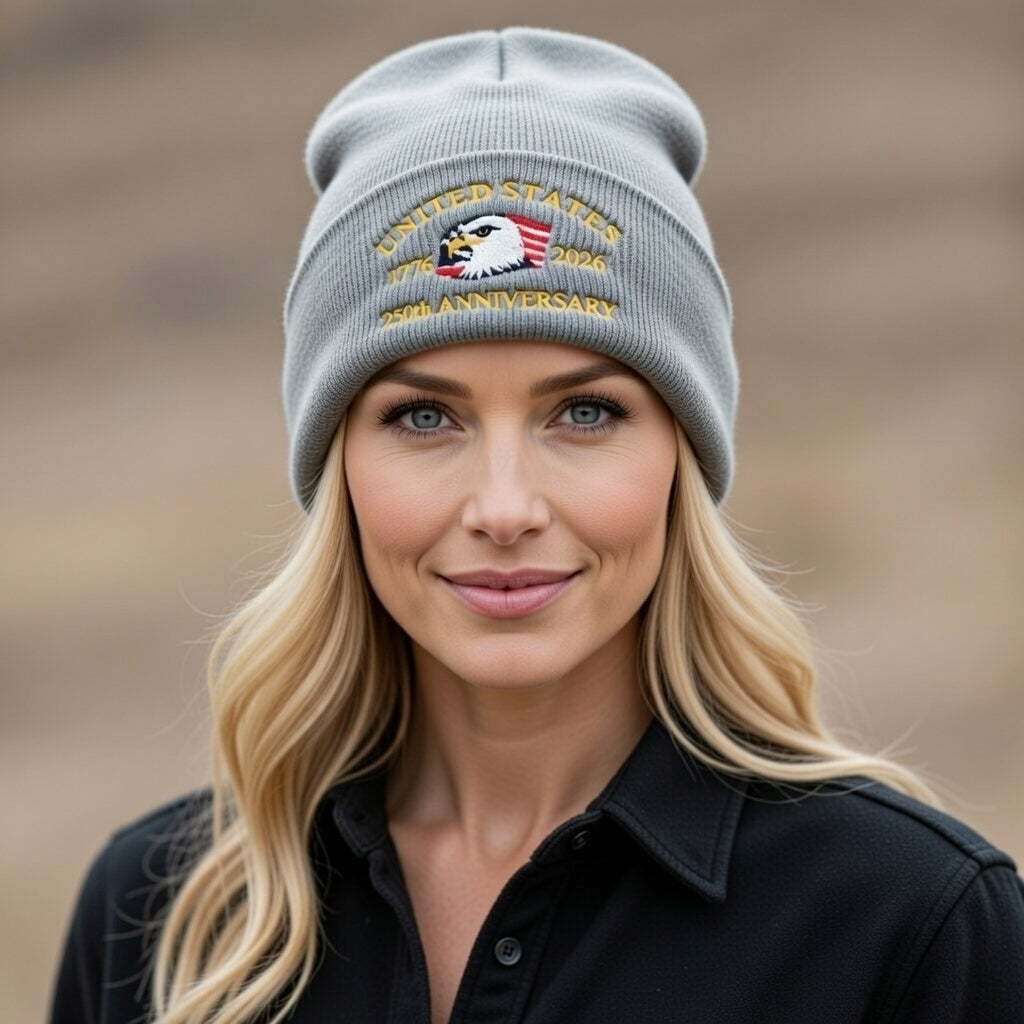 USA 250th Anniversary Beanie - 1776-2026 Patriotic Eagle Embroidered Knit Hat - America Semiquincentennial Cuffed Beanie Gray