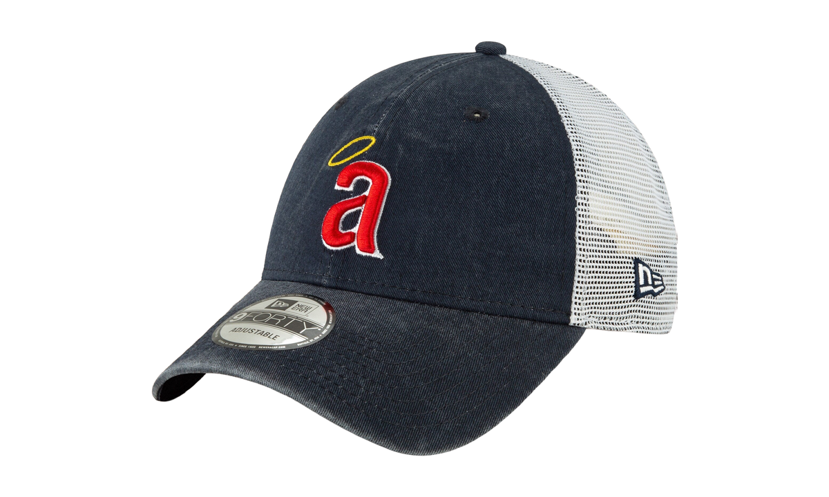 9FORTY Los Angeles Angels 1971 Coop Trucker Snapback Hat "Black Denim and White / Black - Brim" NE717