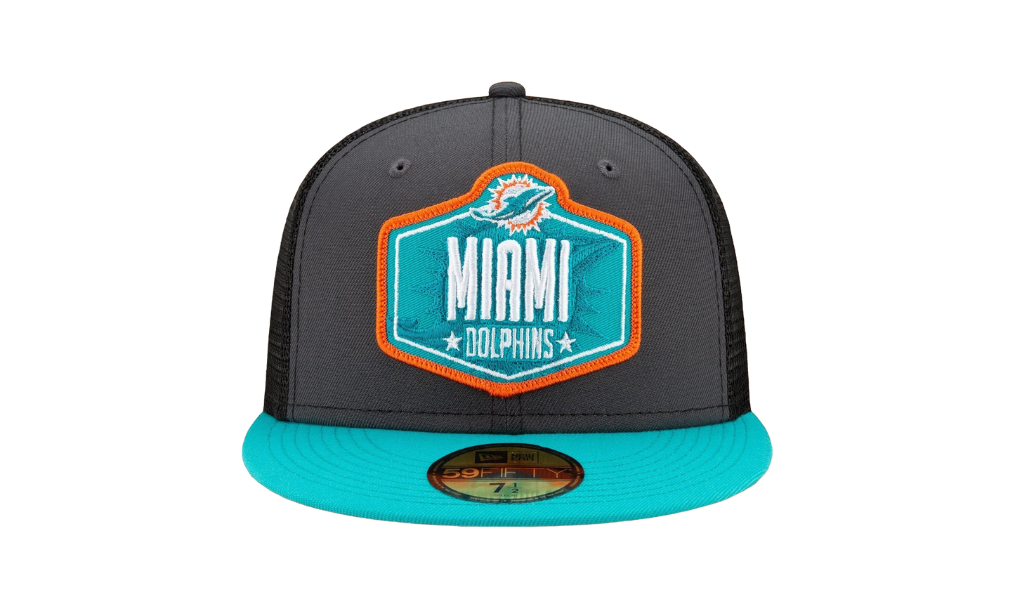 59FIFTY Miami Dolphins 2021 Draft Authentic Fitted Hat "Graphite and Black / Teal - Brim" NE784