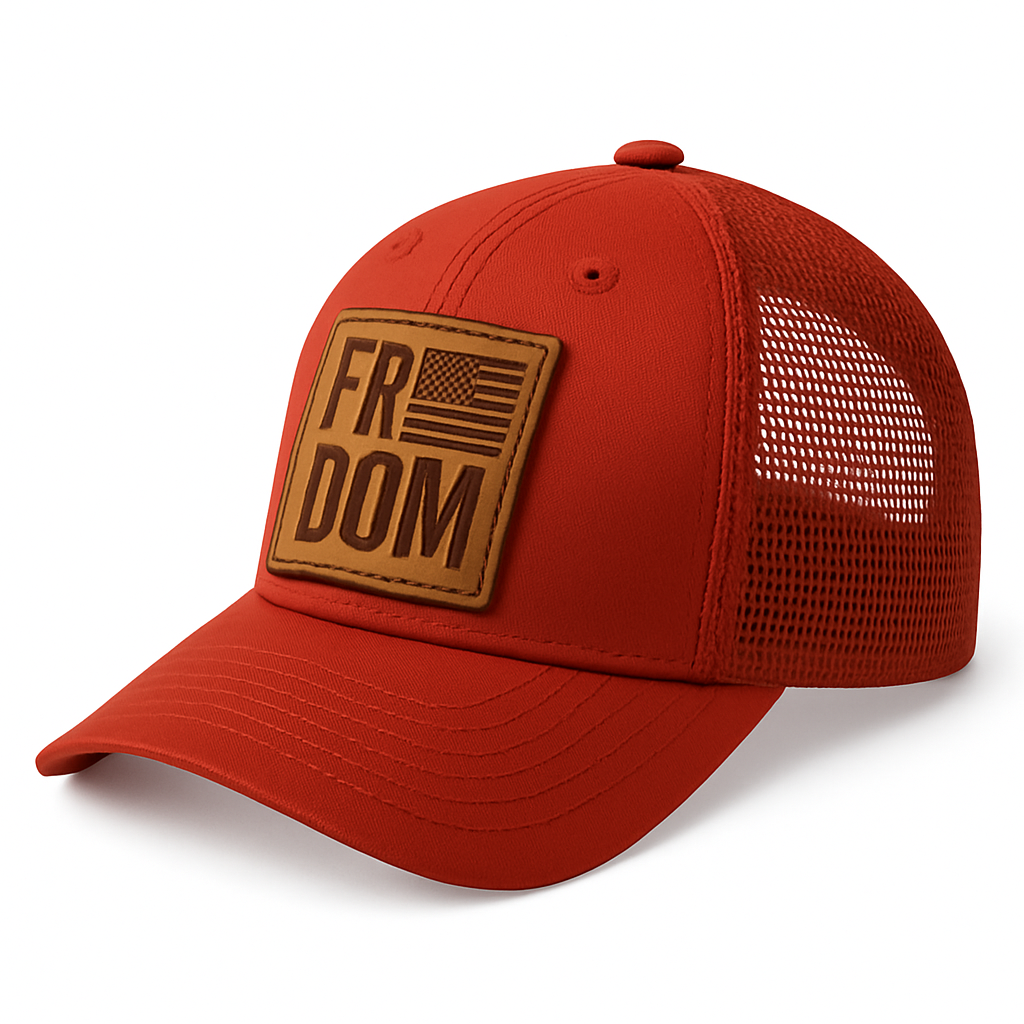 RED Freedom Hat — Leather Patch, Mesh Snapback Hat