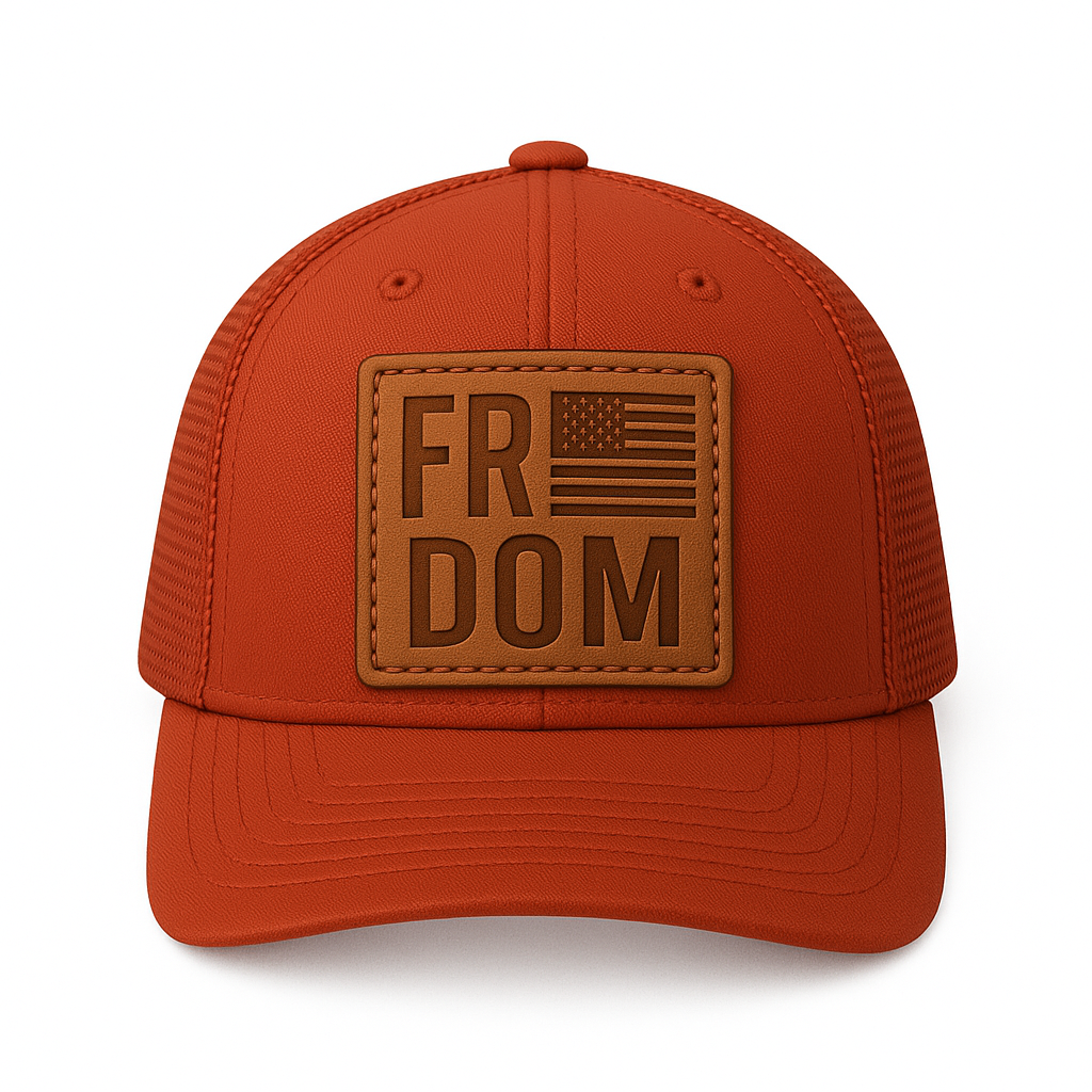 RED Freedom Hat — Leather Patch, Mesh Snapback Hat