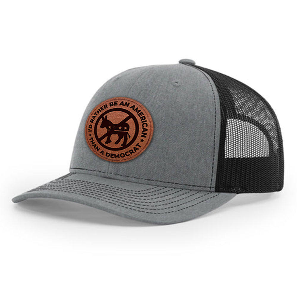 I'd Rather Be an American than a Democrat Gray Hat with Tan Circle Patch, Trump 2024