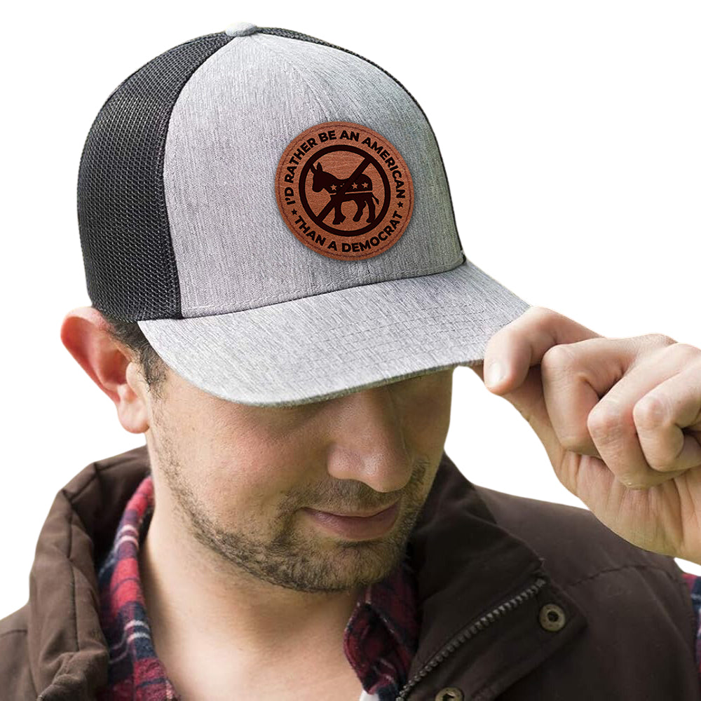 I'd Rather Be an American than a Democrat Gray Hat with Tan Circle Patch, Trump 2024
