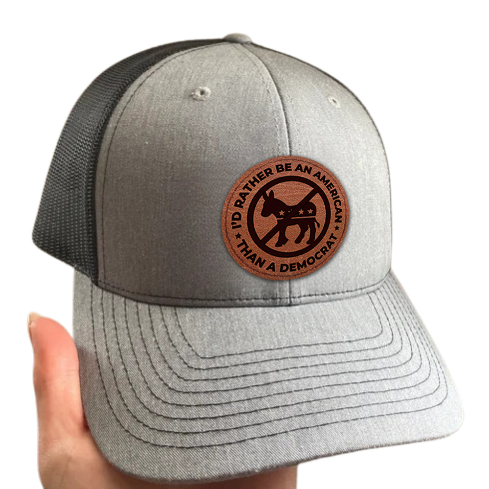 I'd Rather Be an American than a Democrat Gray Hat with Tan Circle Patch, Trump 2024