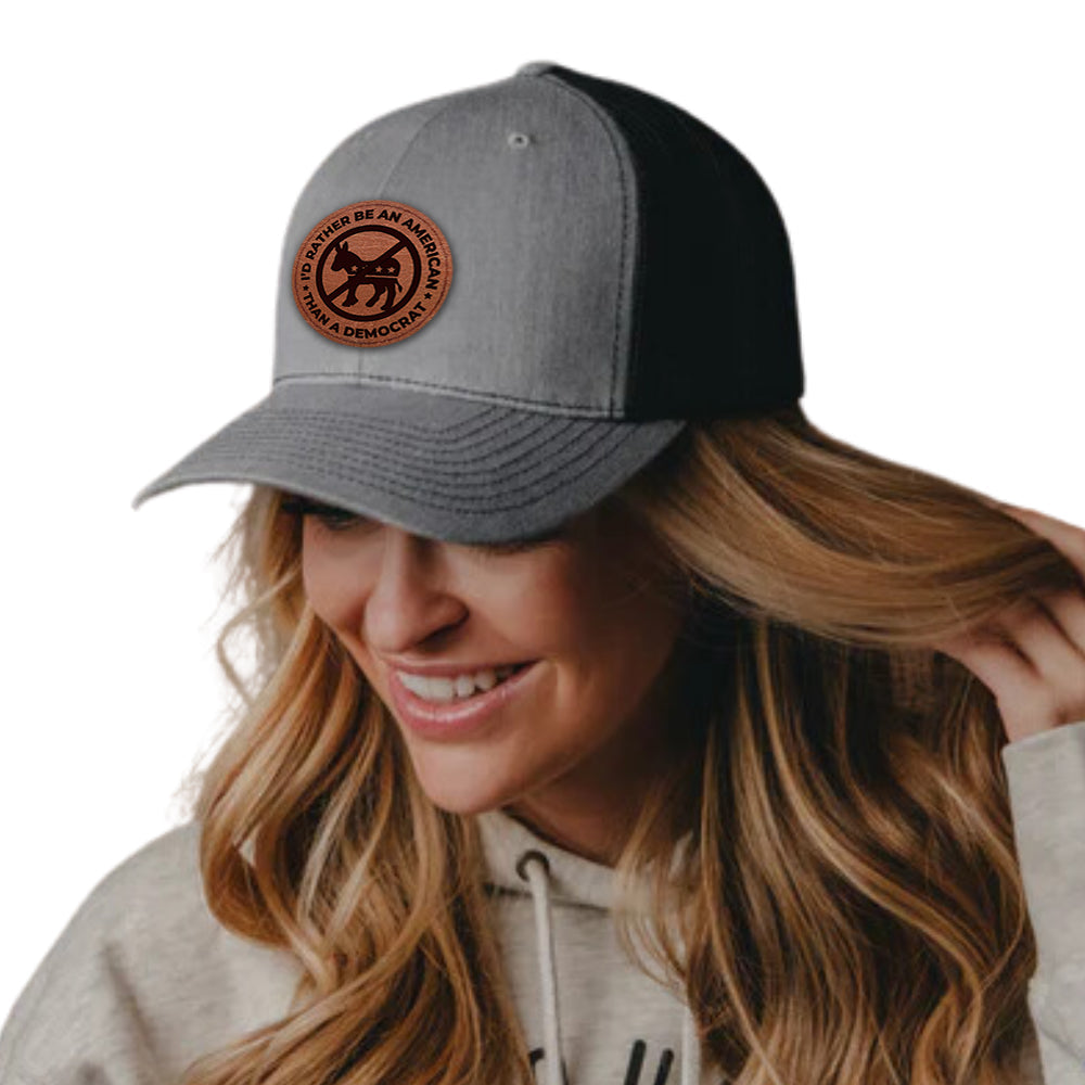 I'd Rather Be an American than a Democrat Gray Hat with Tan Circle Patch, Trump 2024