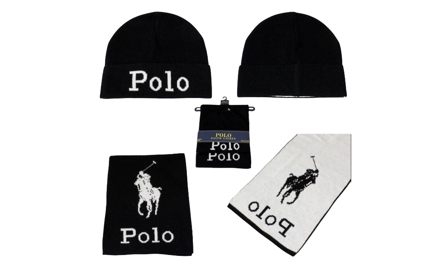 Jacquard Stacked Pony Set (Scarf & Beanie) "Black" PC0449 001