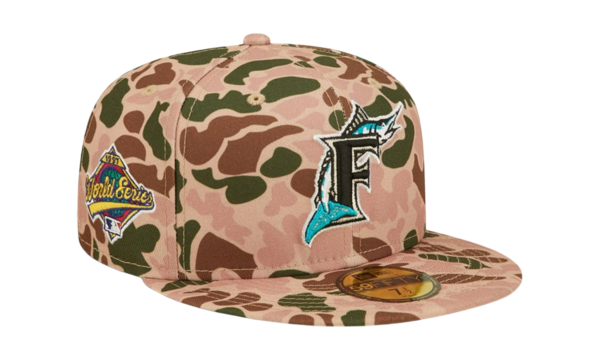 59FIFTY Miami Marlins 1997 World Series Duck Camo Fitted Hat "Duck Camo / Orange - Brim" NE806