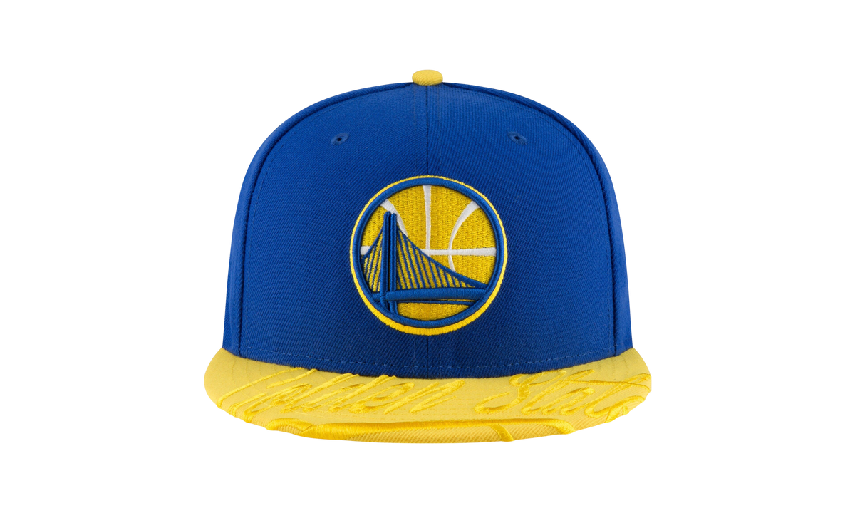 59FIFTY Golden State Warriors Visor Script Fitted Hat "Blue / Yellow - Brim" NE1151