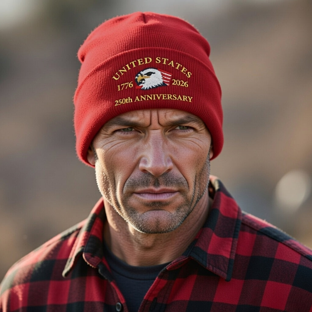 USA 250th Anniversary Beanie - 1776-2026 Patriotic Eagle Embroidered Knit Hat - America Semiquincentennial Cuffed Beanie Burgundy