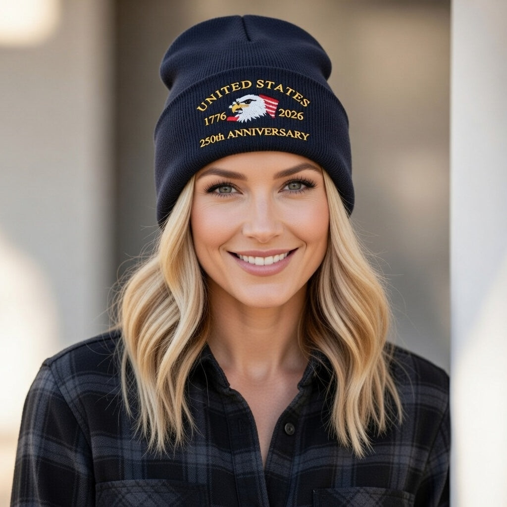 USA 250th Anniversary Beanie - 1776-2026 Patriotic Eagle Embroidered Knit Hat - America Semiquincentennial Cuffed Beanie Navy Blue