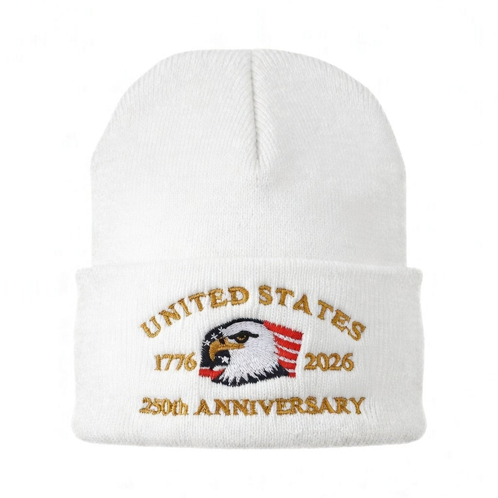 USA 250th Anniversary Beanie - 1776-2026 Patriotic Eagle Embroidered Knit Hat - America Semiquincentennial Cuffed Beanie White