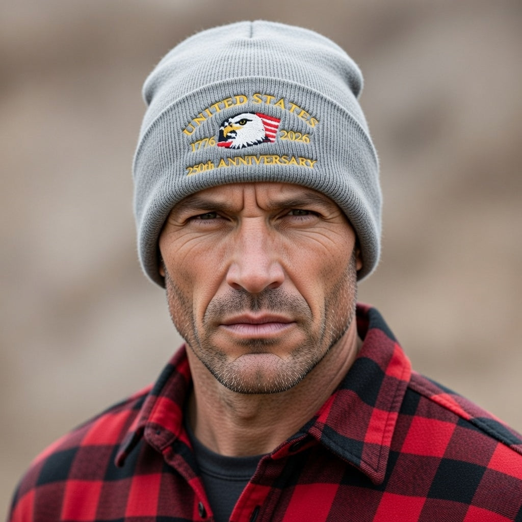 USA 250th Anniversary Beanie - 1776-2026 Patriotic Eagle Embroidered Knit Hat - America Semiquincentennial Cuffed Beanie Gray