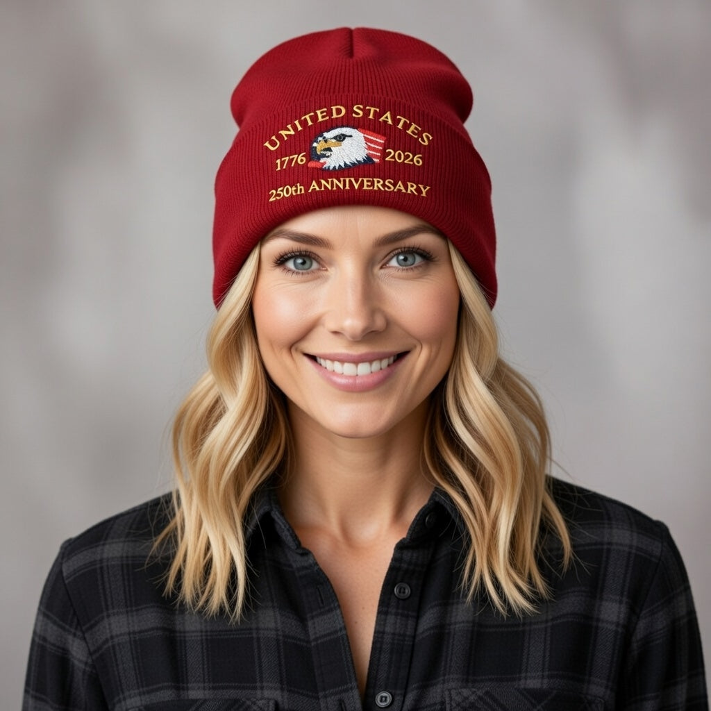 USA 250th Anniversary Beanie - 1776-2026 Patriotic Eagle Embroidered Knit Hat - America Semiquincentennial Cuffed Beanie Burgundy