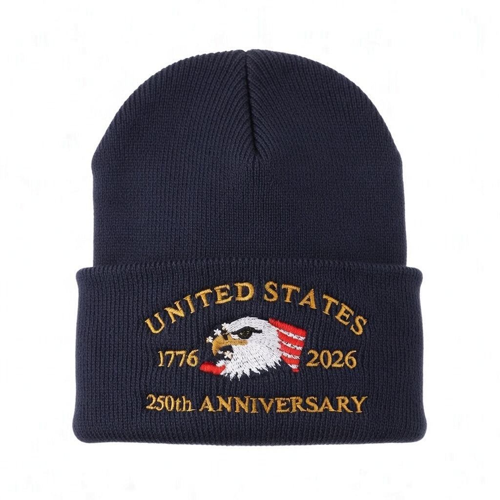 USA 250th Anniversary Beanie - 1776-2026 Patriotic Eagle Embroidered Knit Hat - America Semiquincentennial Cuffed Beanie Navy Blue