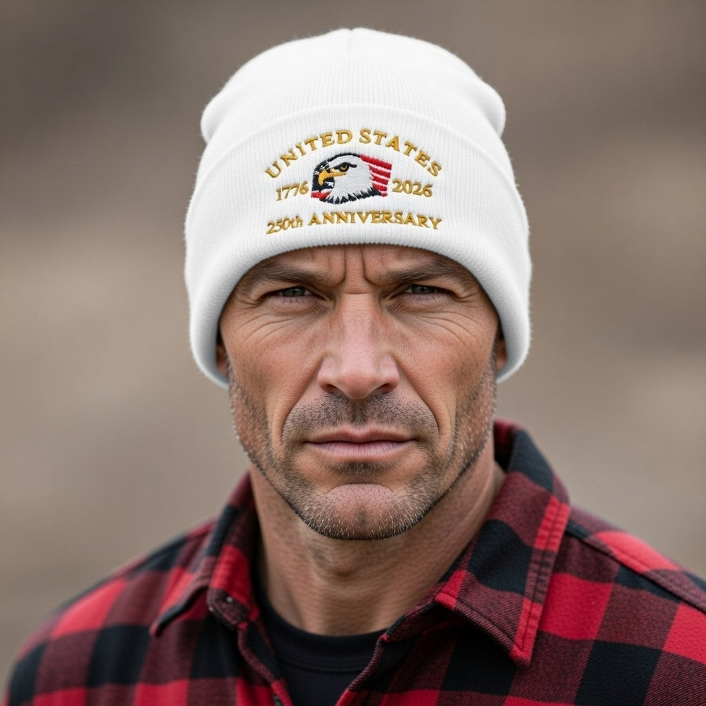 USA 250th Anniversary Beanie - 1776-2026 Patriotic Eagle Embroidered Knit Hat - America Semiquincentennial Cuffed Beanie White