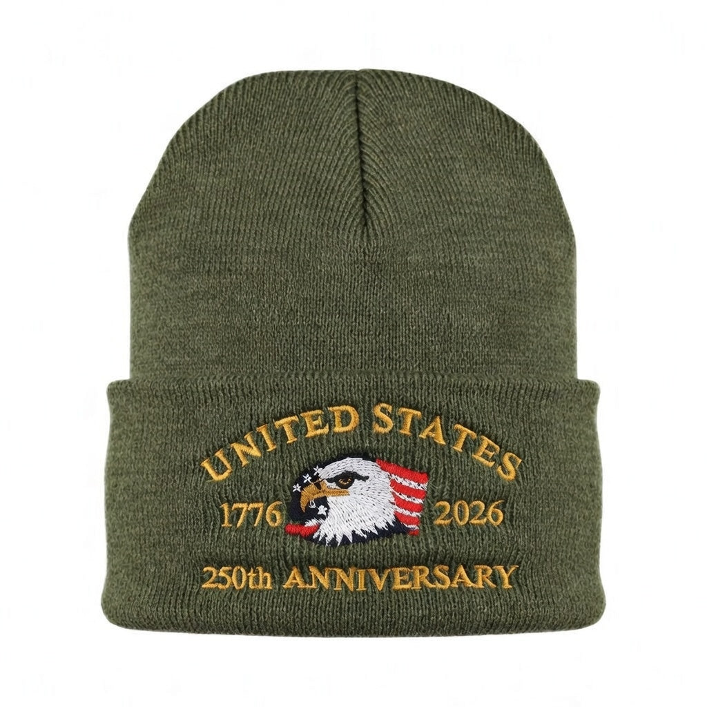 USA 250th Anniversary Beanie - 1776-2026 Patriotic Eagle Embroidered Knit Hat - America Semiquincentennial Cuffed Beanie Army Green