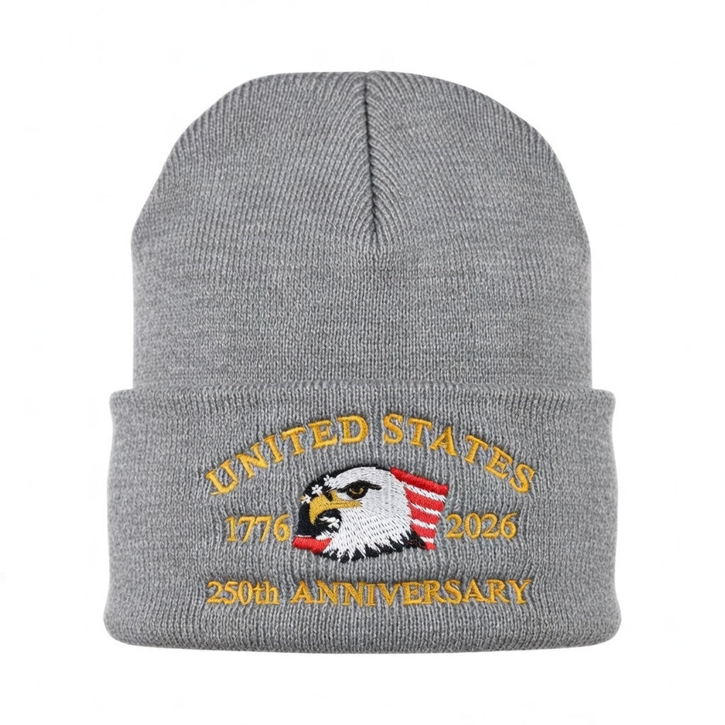 USA 250th Anniversary Beanie - 1776-2026 Patriotic Eagle Embroidered Knit Hat - America Semiquincentennial Cuffed Beanie Gray