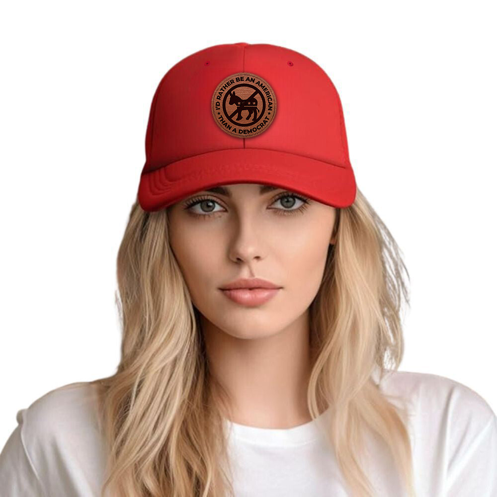 I'd Rather Be an American than a Democrat Red Hat with Tan Circle Patch, Trump 2024